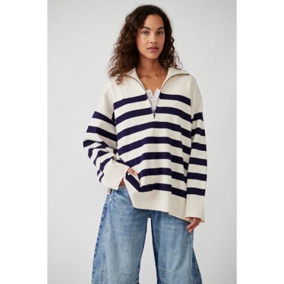FREE PEOPLE Coastal Stripe Pullover in Champagne Navy Combo Size Medium - Picture 15 of 16